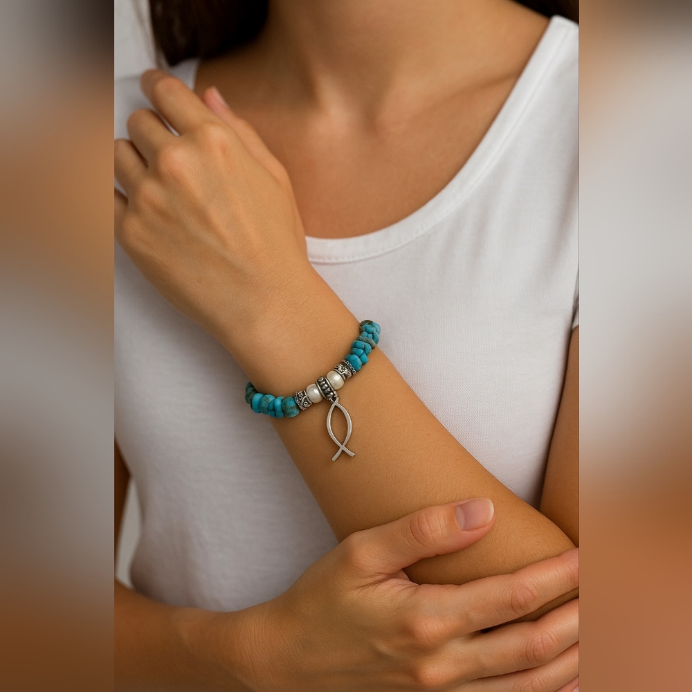 Vintage Sterling Silver Turquoise Bracelet with Ichthys Fish Charm 22g